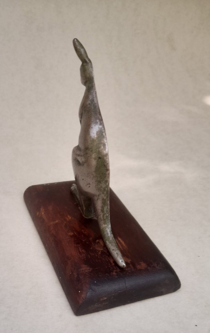 Antique Brass Small Metal Kangaroo Sculpture Ornament on Wooden Aase