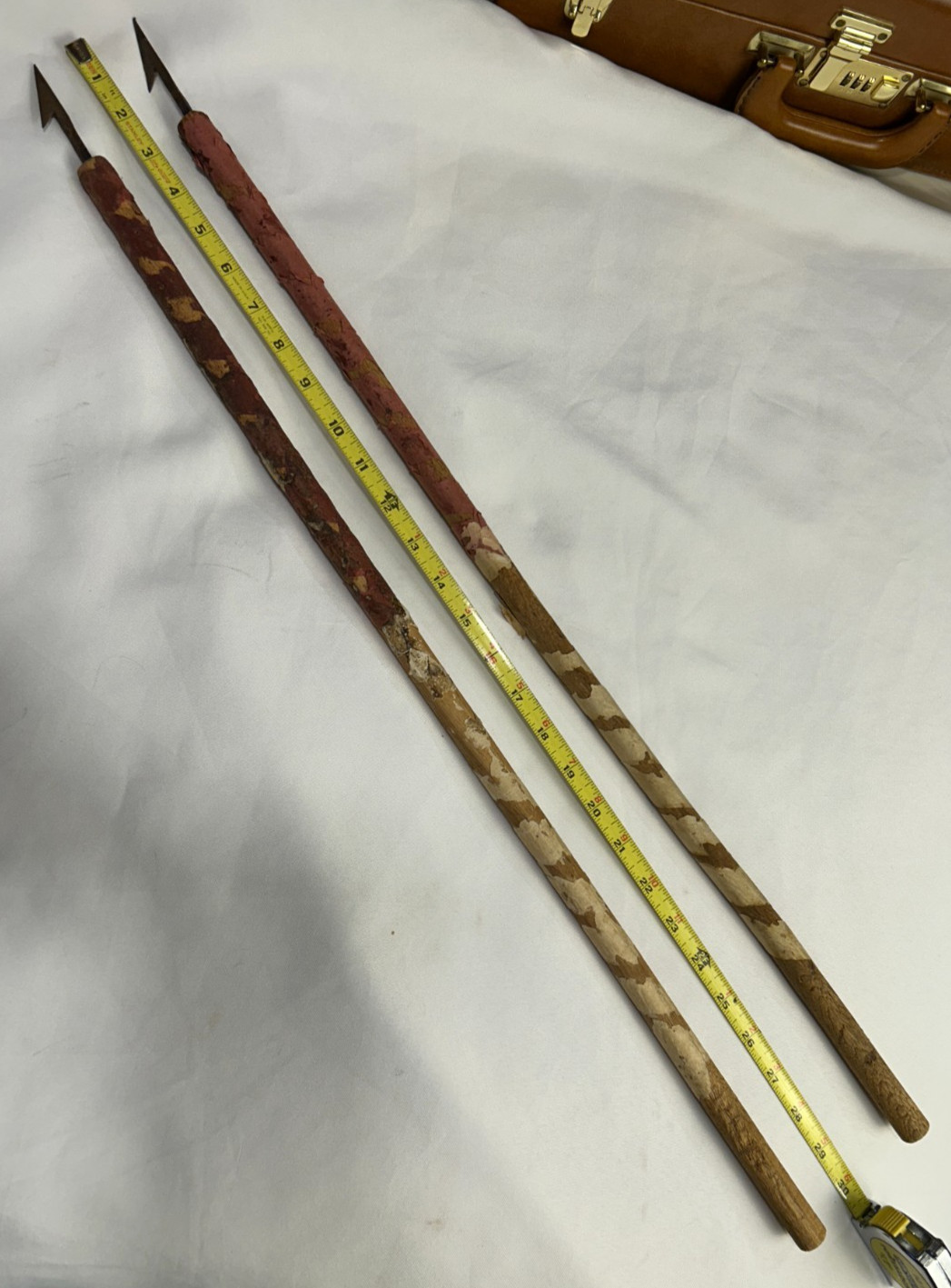 Antique Primitive Hand Forged Single Barb Fish Spear Harpoon Dart Pair 30″ Wood
