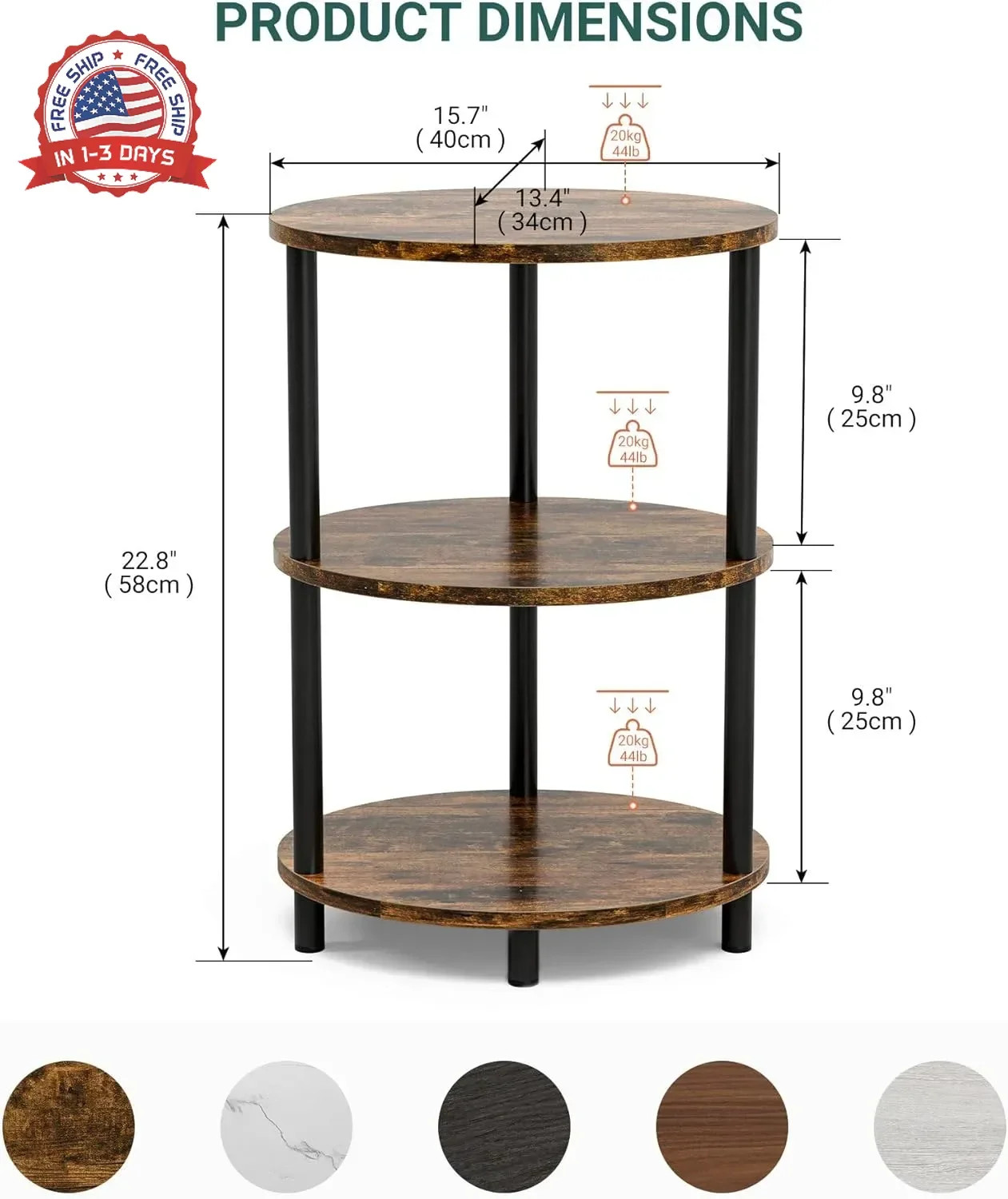 Round Small Side Table – 3 Tier Oval Accent Table for Small Spaces, Rustic Wood