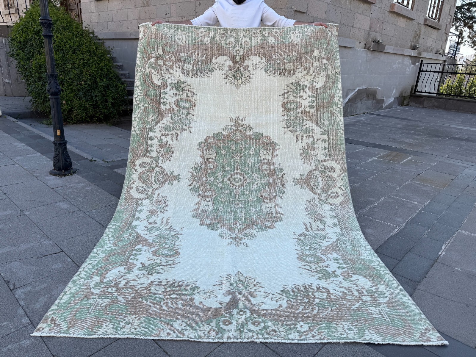 Vintage Turkish Oushak Rug 5.4×8.6 ft Muted Mint Green Medallion Wool Area Rug