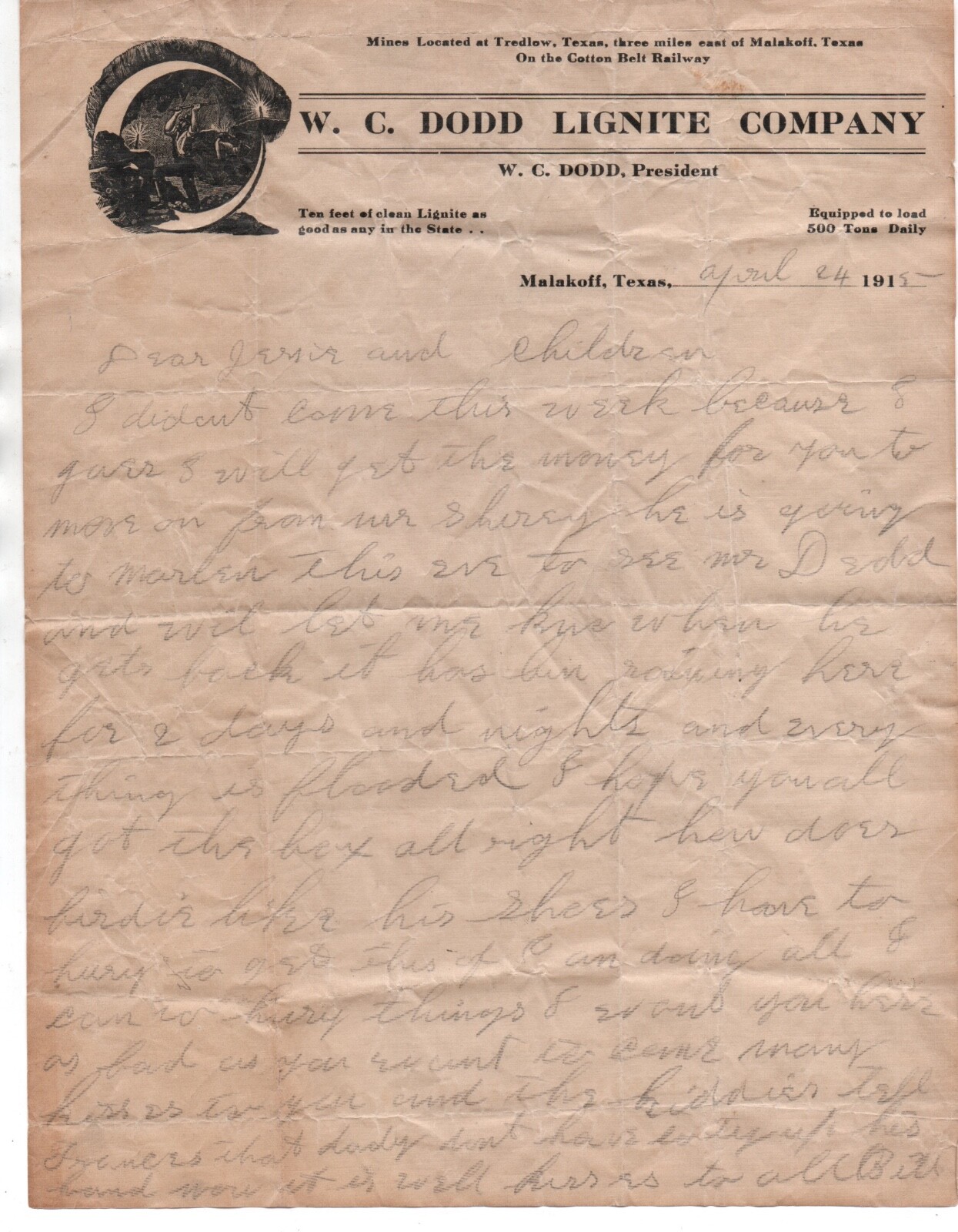 1915 Letterhead from the W.C. Dodd Lignite Mining Co of Malakoff Texas