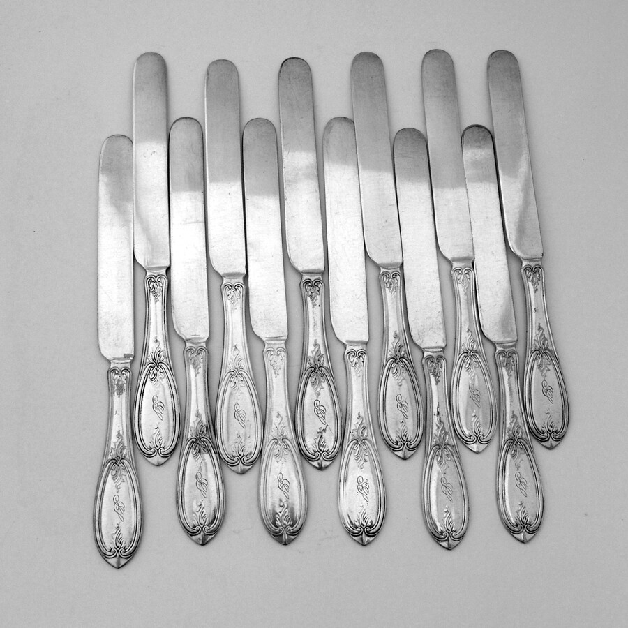 Olive 12 Flat Breakfast Tea Knives Set Silverplate Mono JS