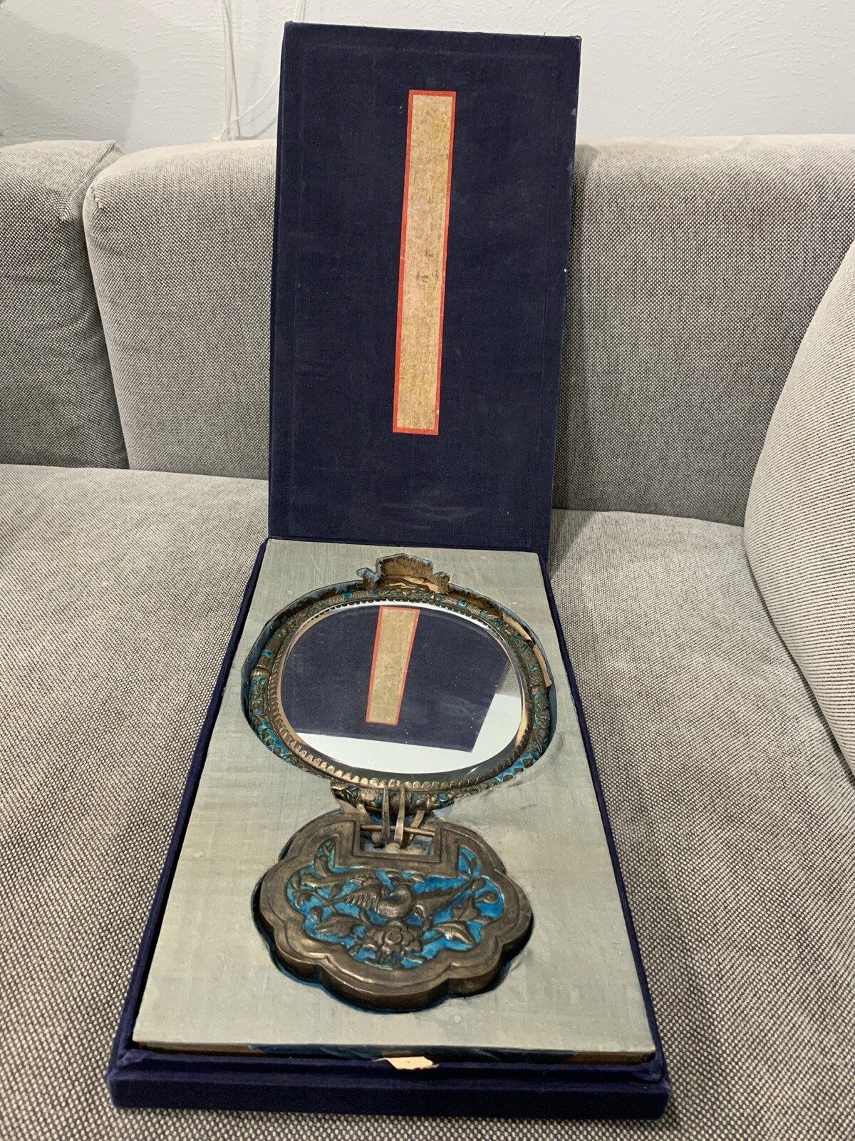 Antique Chinese Qing / Republic Enamel Mirror w/ Dragon Phoenix Character Marks