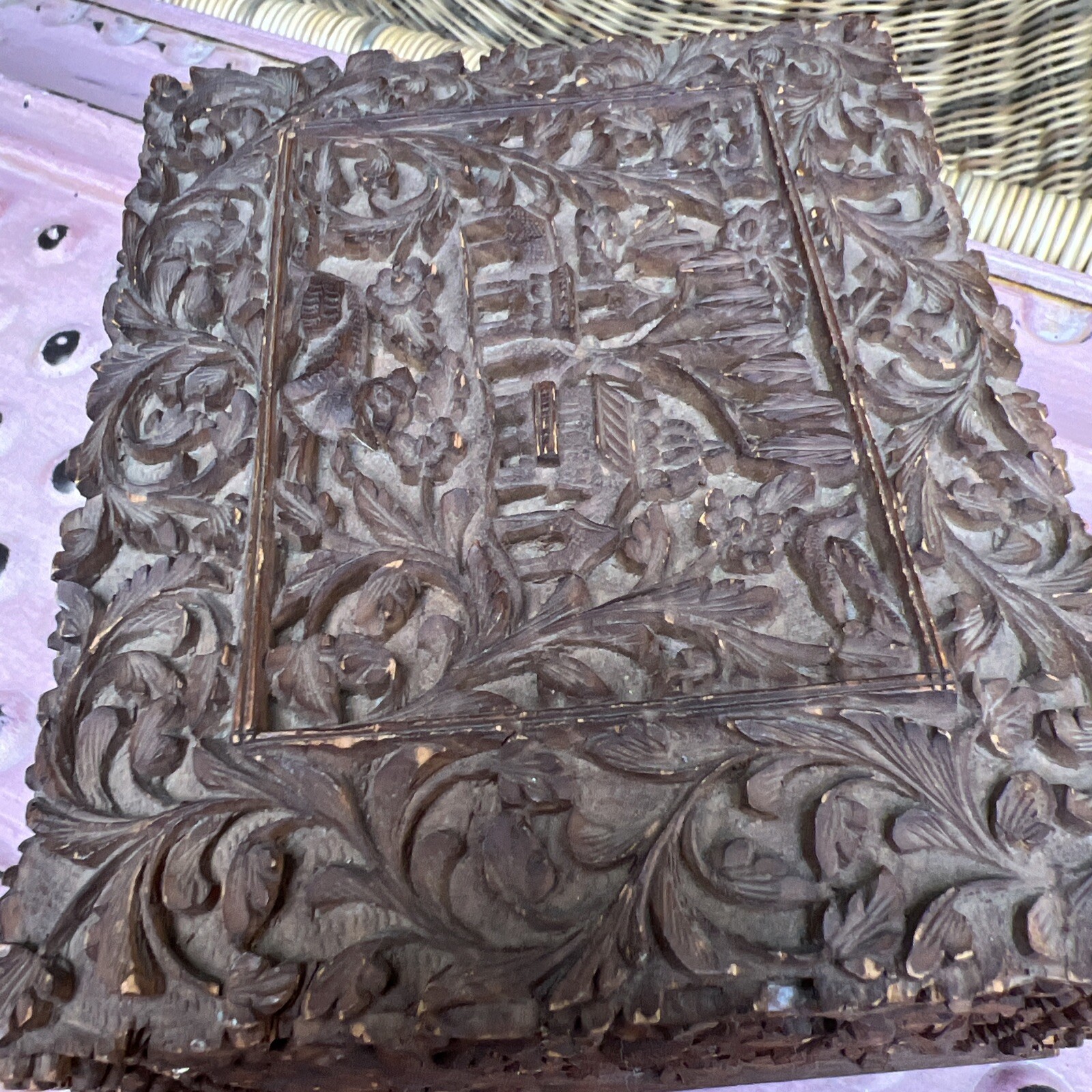 Hand Carved Old Decorative Multi Purpose Wood Trinket 6x5x2.5” Middle Age Style