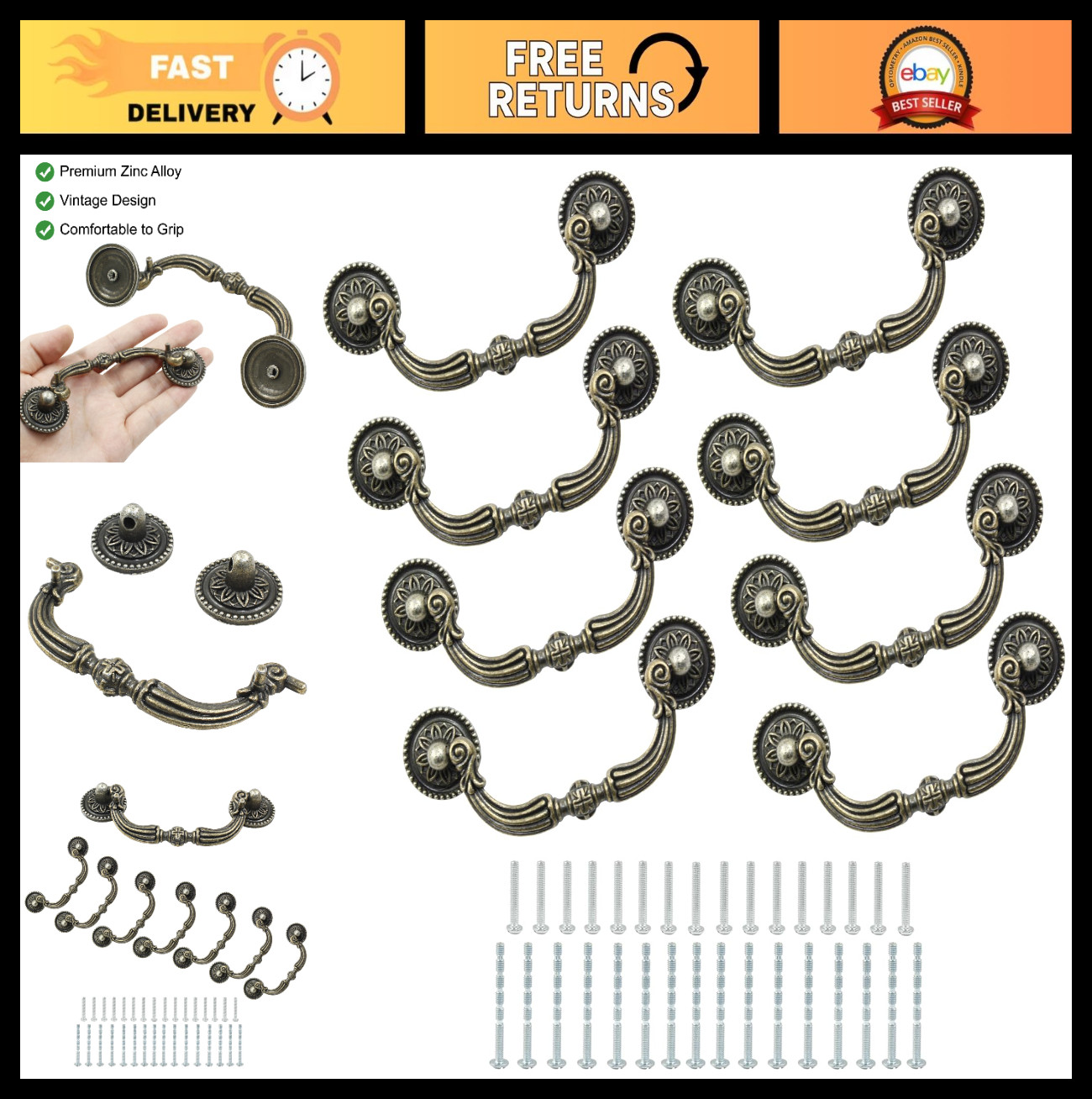 8 Pack Vintage Antique Bronze Drop Pull Handles, 3.5″ Center, 4.72″ Total Length