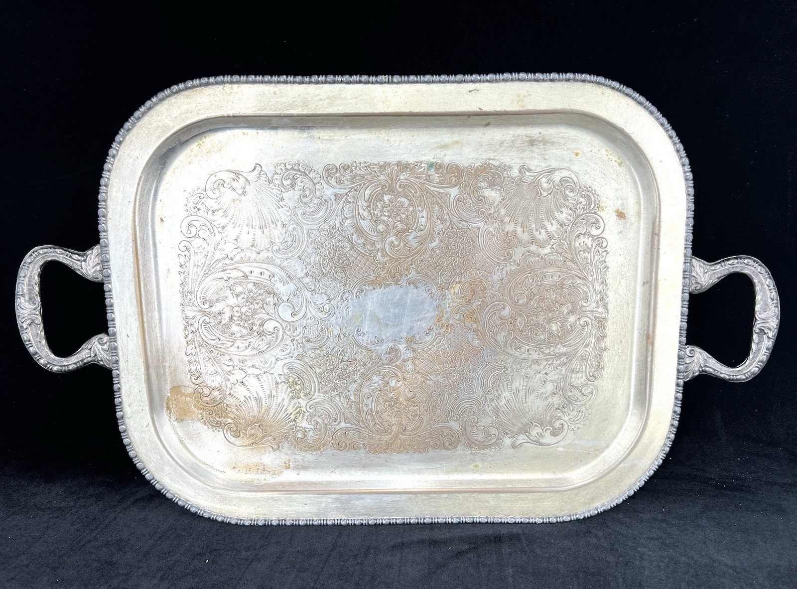 Large Antique 13.5 x 22.5 Inch Silverplated Footed and Handled Butler Tray