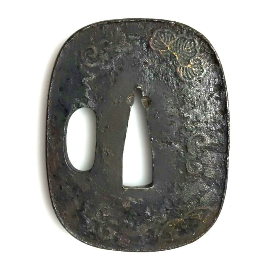Japanese Tanto Tsuba Iron Ground Kirikarakusa Gold Silver Inlay Mumei