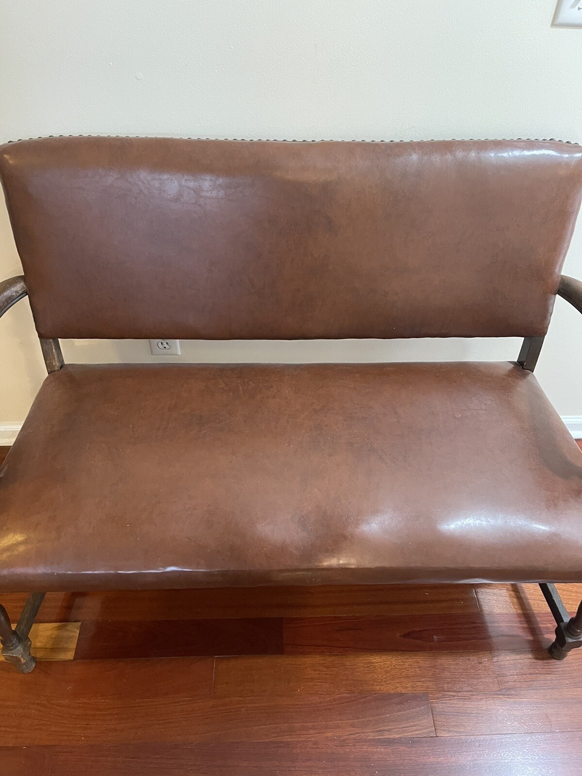 Antique Studded Leather Wood Bench 34″H x 20.5″ W x 47″ L (Bottom L) 43″ (Top)