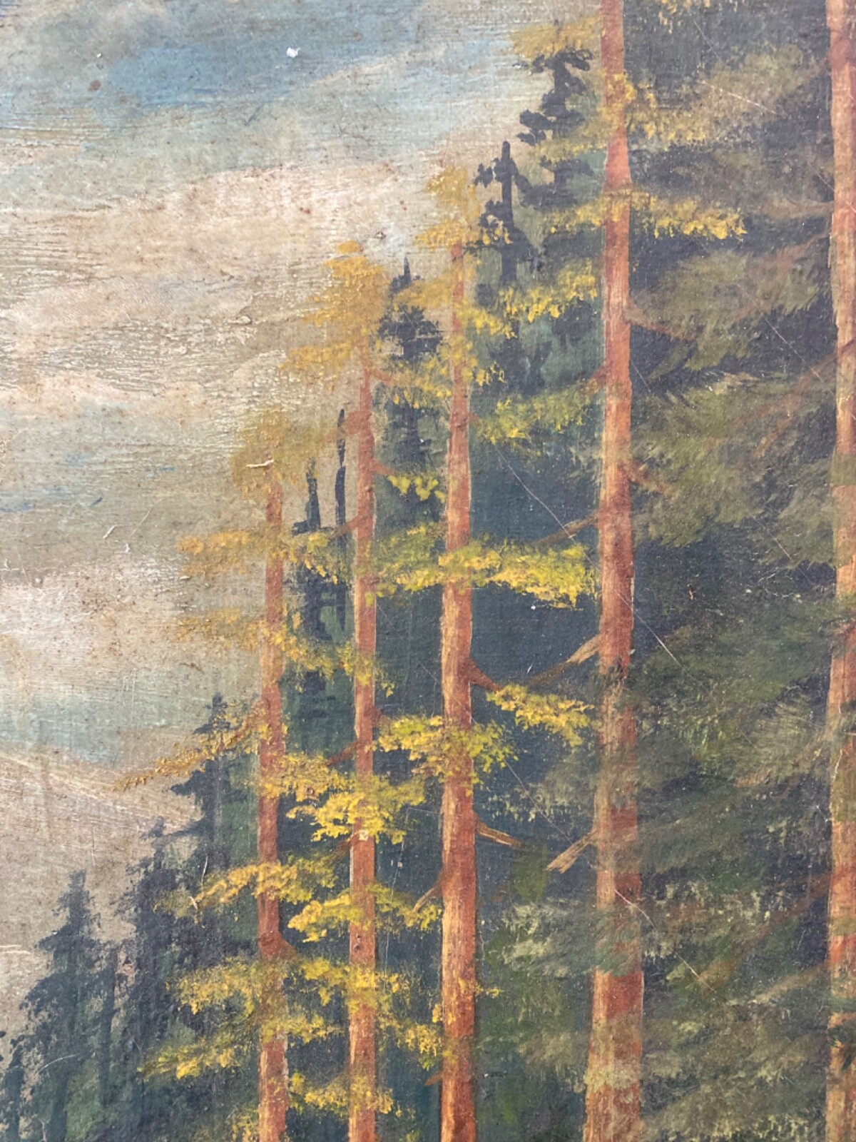 🔥 Antique Old Primitive American Folk Art Forest Elk Landscape Oil Painting ’26