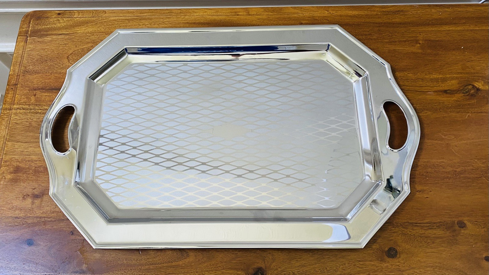 Vintage Mirrored Butler Tray Silver Tone Frame Etched Trellis Design