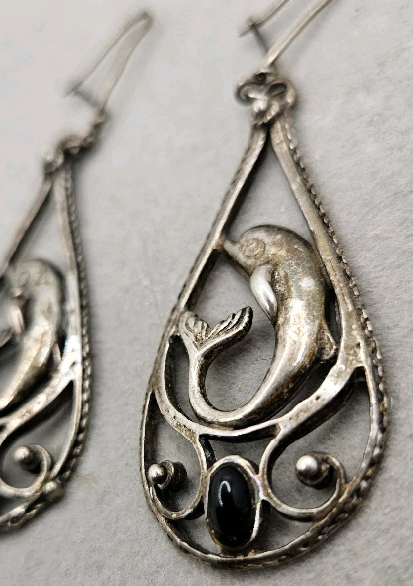 Antique 800 Silver Dolphin Hook Earrings Onyx Teardrop Lerge VTG Estate 10.5Gram