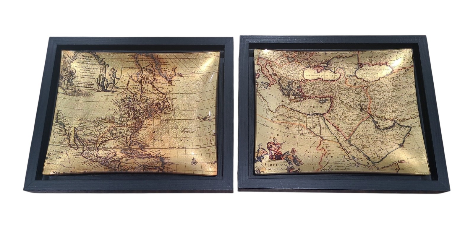 2 Old World Antique Maps Reverse Glass Wooden Frame Art Wall Hangings