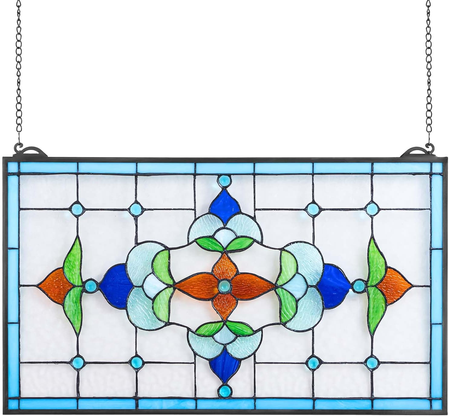 Stained Glass Window Panel, 26 X 16 In, Tiffany Style Hanging Transom Window Pan