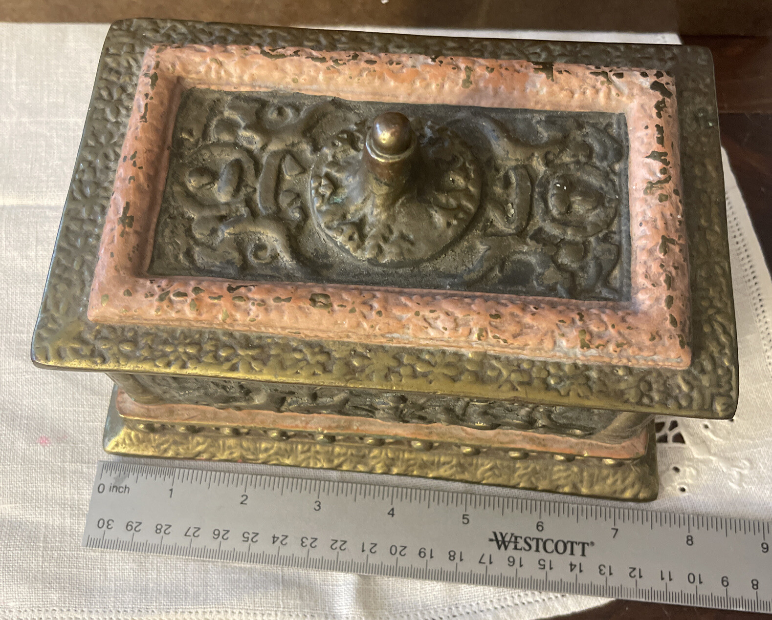 Antique Copper Embossed Relief Scene Lined Trinket Dresser Storage Box