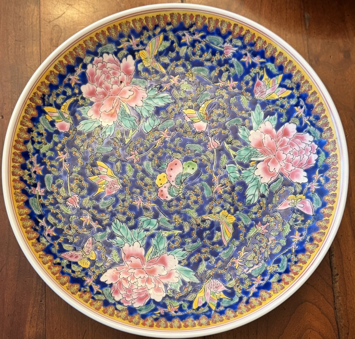 Antique Chinese Famille Rose Porcelain Charger Cobalt Blue, Pink