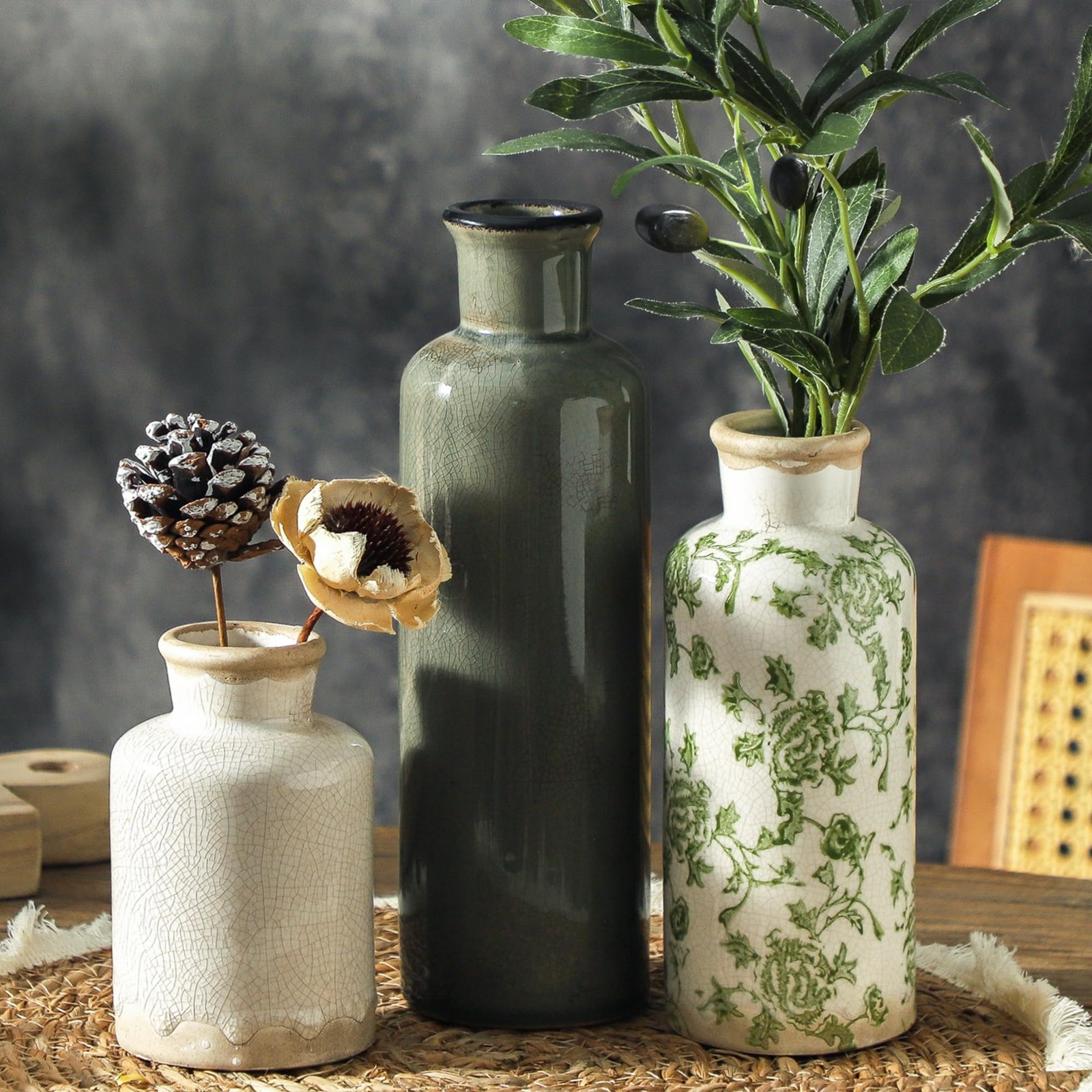 Vintage Vase Set of 3, Ceramic Flower Vases, 007 – Green
