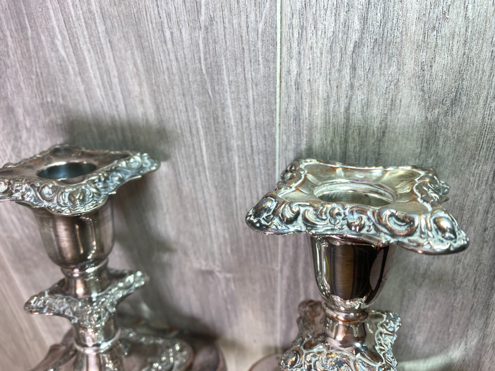 antique pair Silver Plate on copper Candlesticks stamped SL english c1900