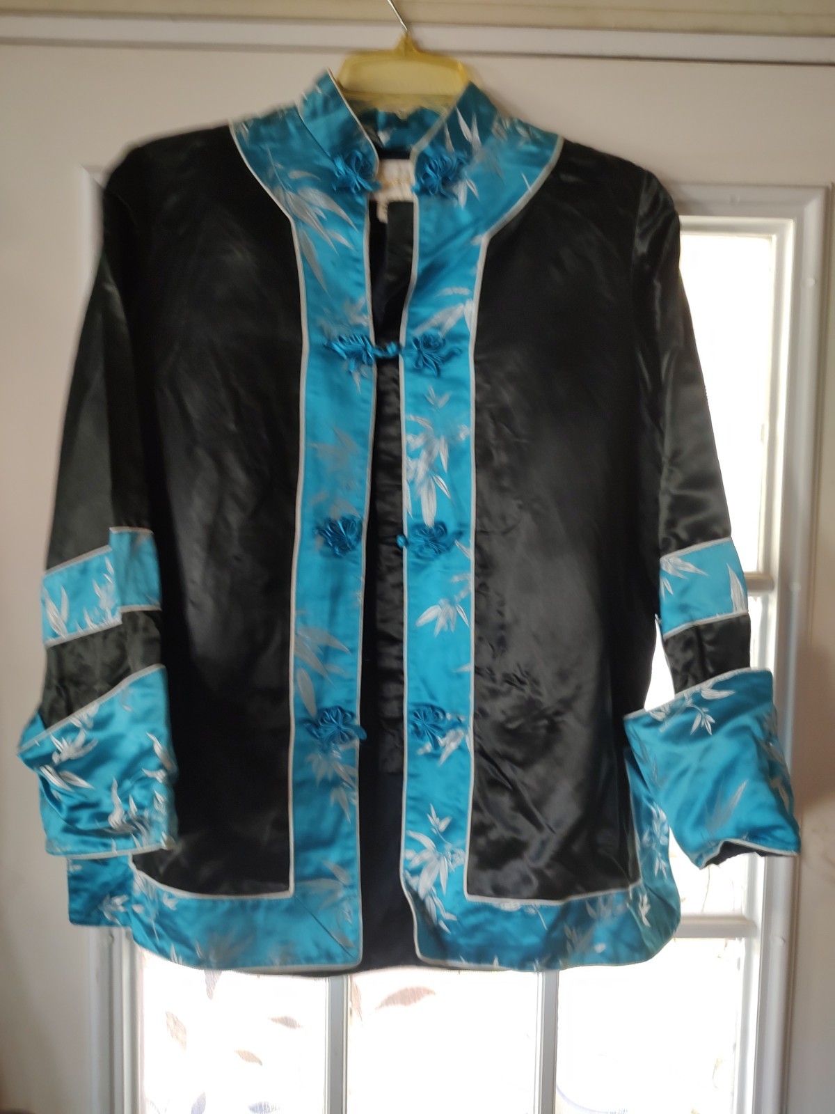 Vintage Silk / Rayon Chinese Jacket Black/ Turquoise Sz L Frogs
