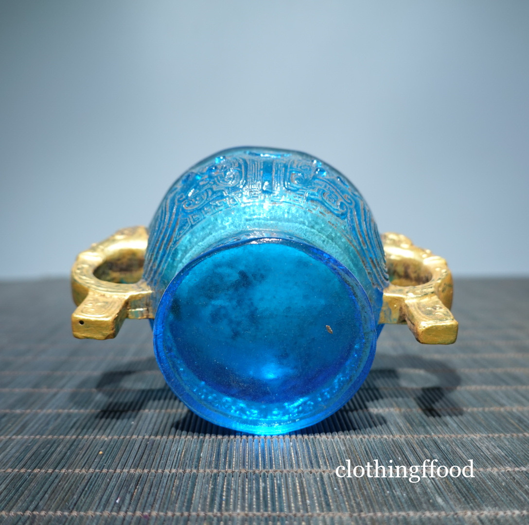 Old Collection Double Ear Cup Decoration Blue Glass Gilded Double Ear Cup