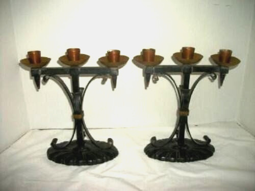 Arts & Crafts Mission Candelabra Authentic Candle Holders Iron Copper Pair 1900s