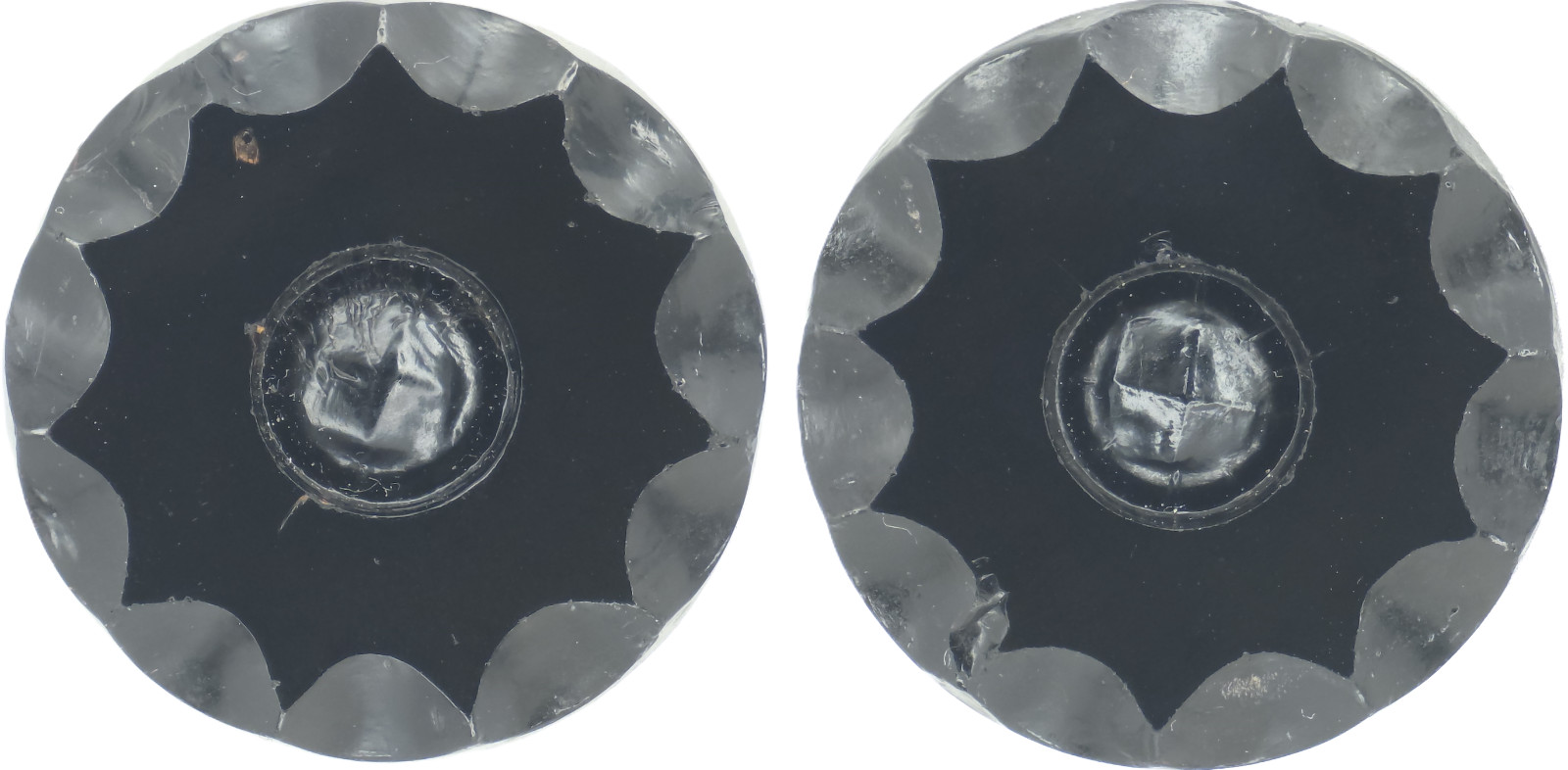 C1860s Antique Victorian Black Glass Starburst Button Set Scalloped Edge 1.06″