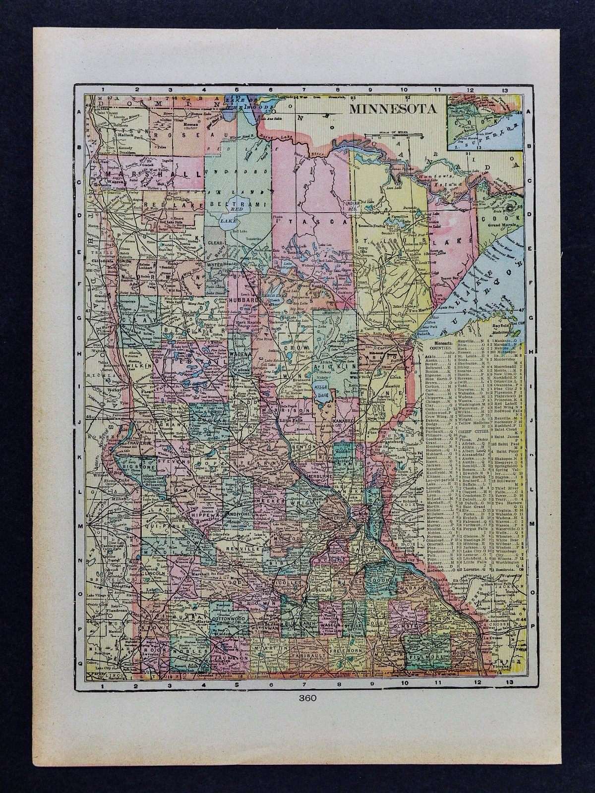 c 1899 Cram Map Minnesota Minneapoli​s St. Paul Duluth Cariton Ely Wadena Winona