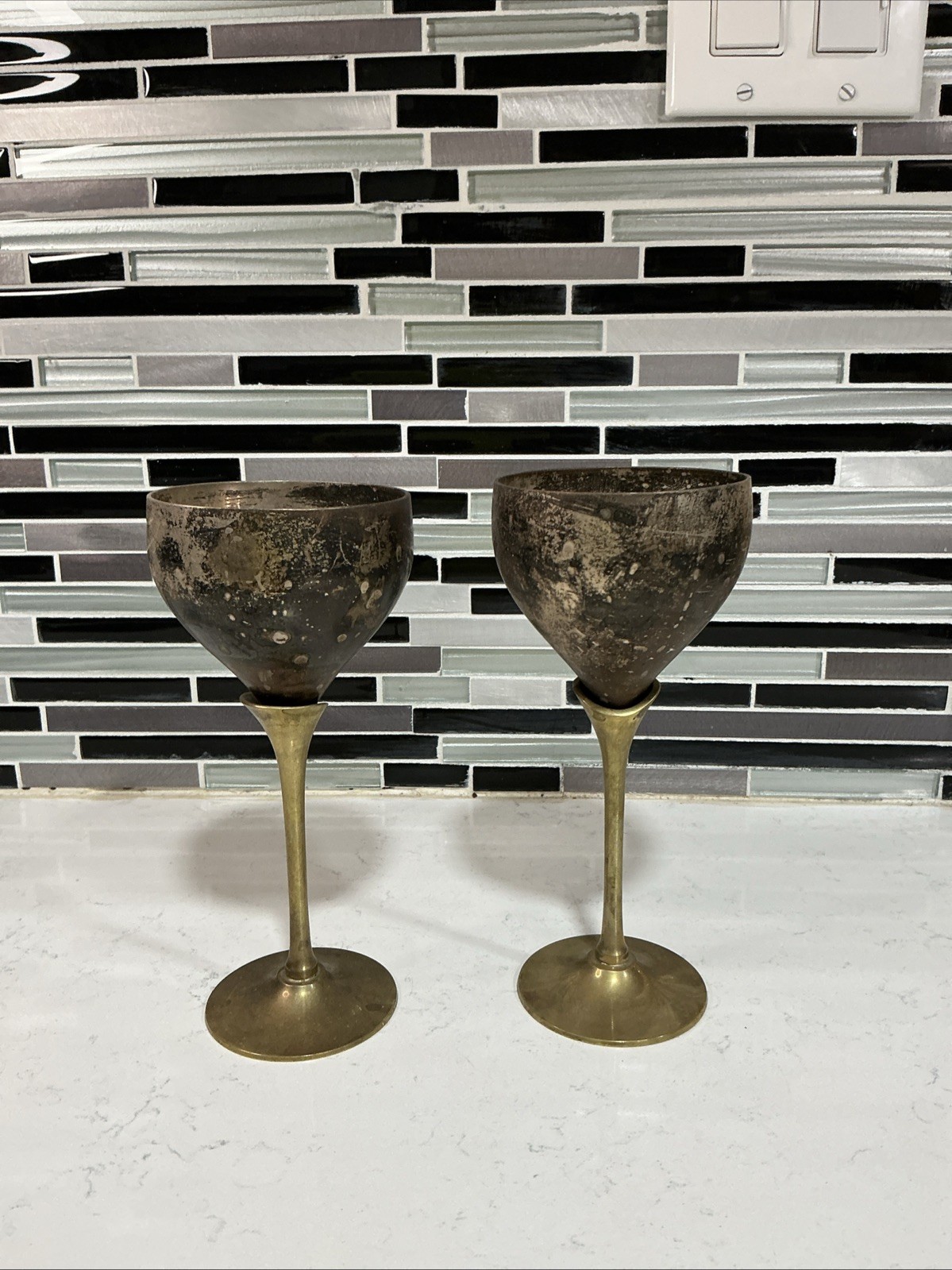 Vintage Brass Stem Goblets Pair Rustic Boho Decor Chalice Cups Candle Holders KA