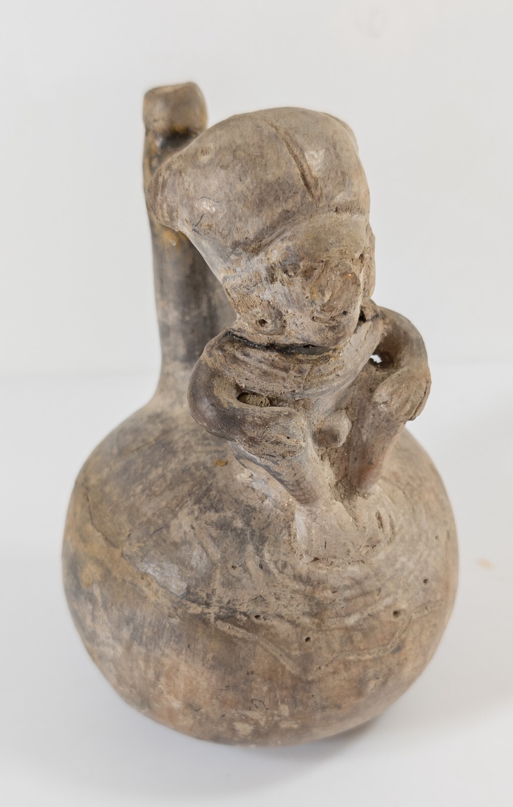 Antique Pre-Columbian Pottery Bridged Vessel With Figure, Restored