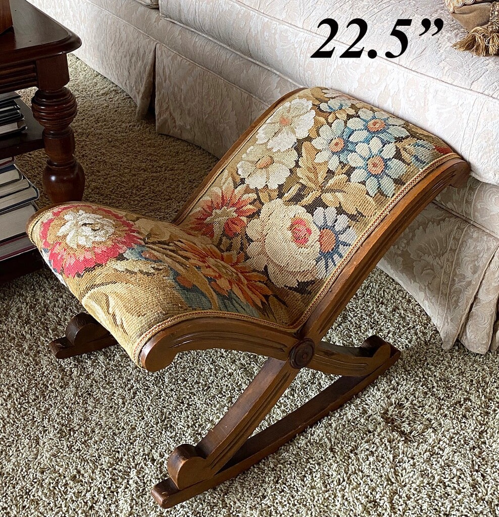 Antique French Aubusson Tapestry Bench or Foot Stool, X-Form Rocker Recliner