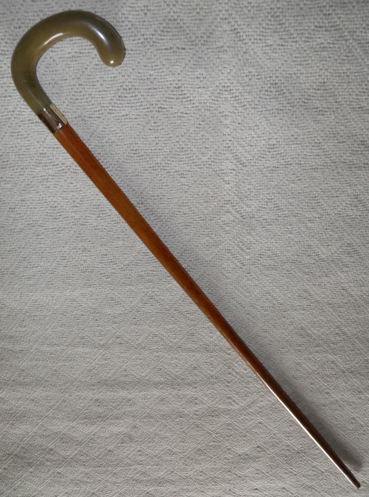 Antique Malacca Walking Stick / Cane Double Gold Collar Bovine Horn Crook Handle