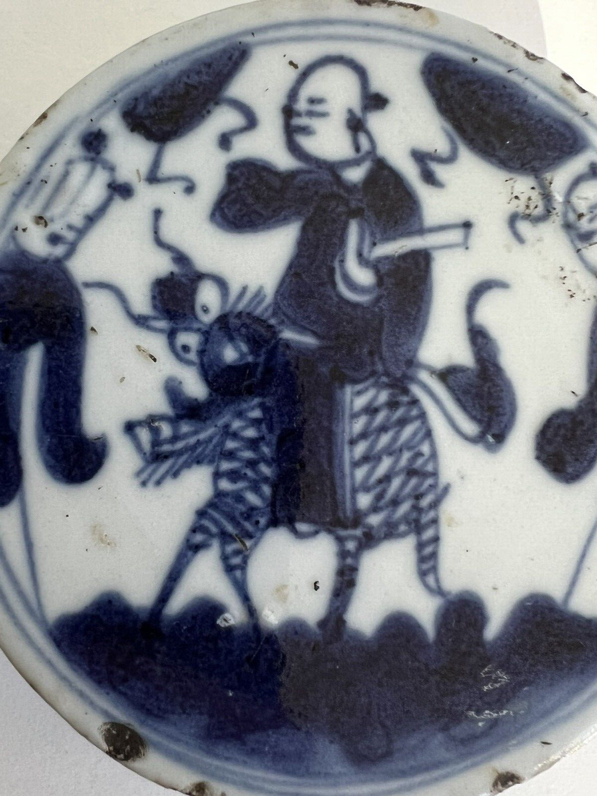 Antique Chinese Blue HP Figural Man 6 Stacking Lunch Box Jianding Wax Hallmarked
