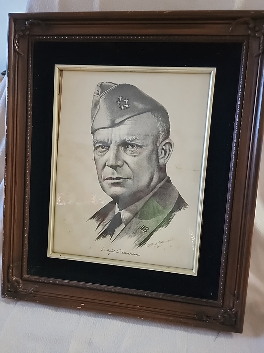 Vtg Dwight D Eisenhower Sketch Lithograph Print In Frame 21×17 St. Louis J. Wil