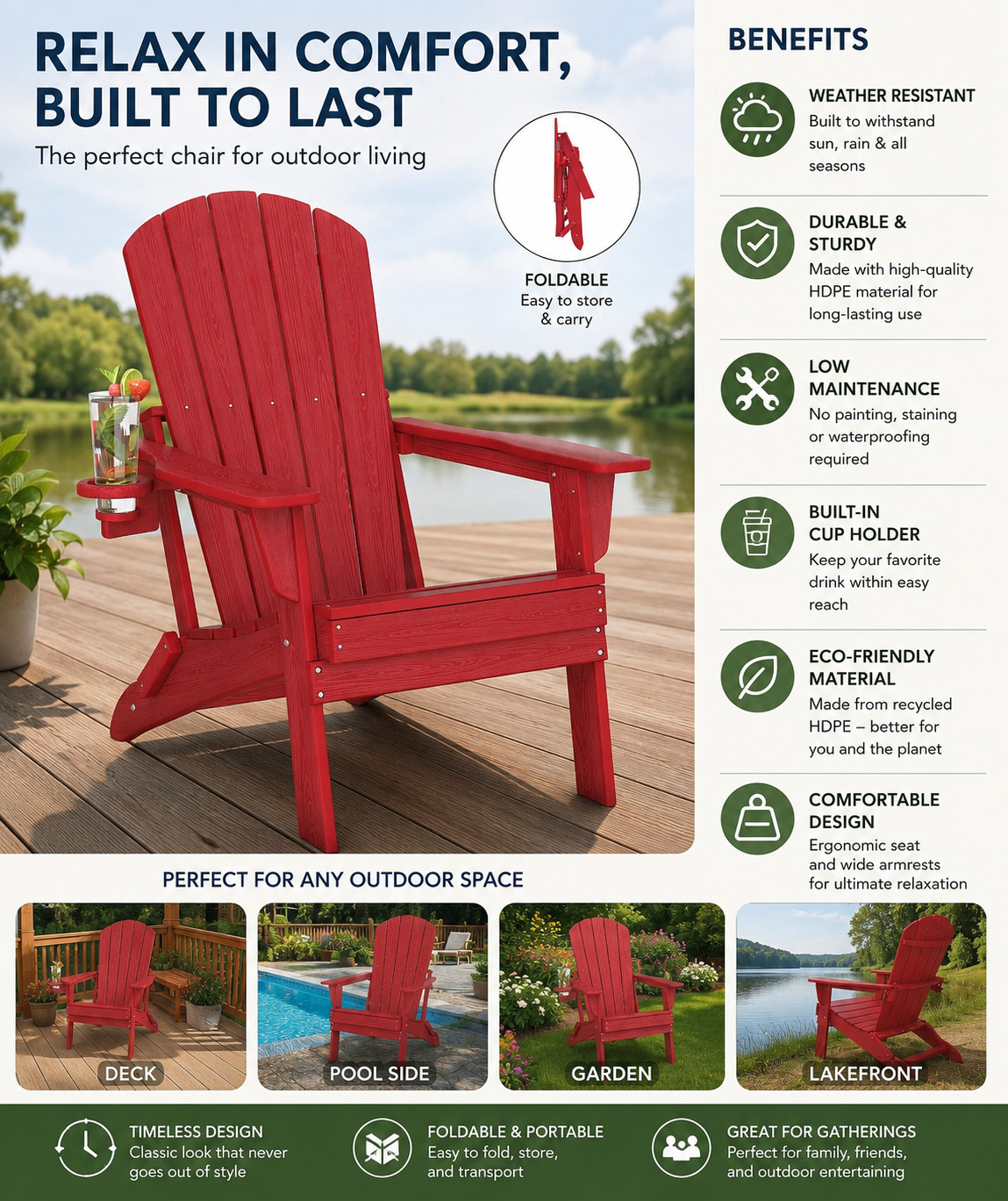 Folding Adirondack Chair, SGS Tested, Wooden Textured with Cup Holder, Heavy All