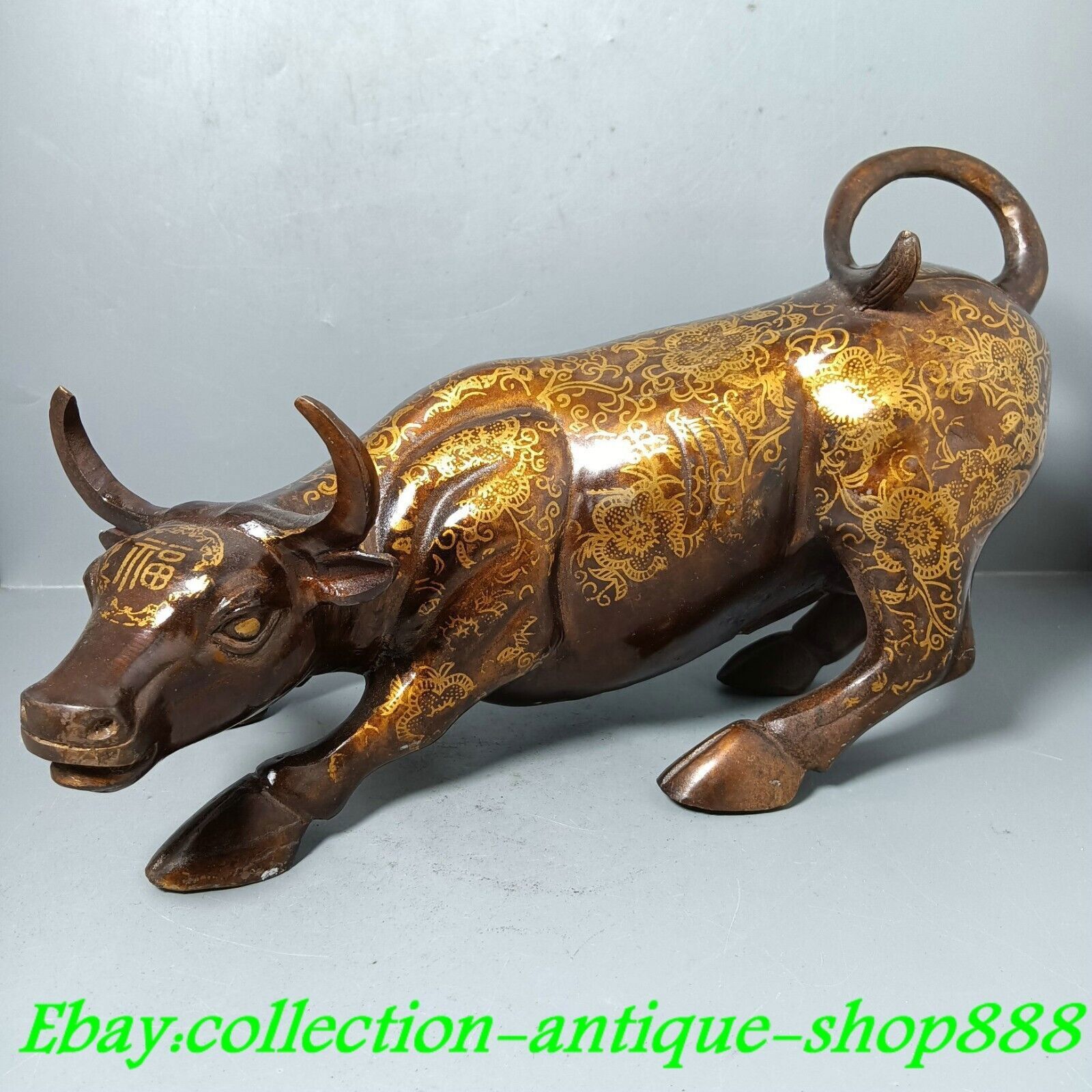 Old China Bronze Gilt Fengshui Flower Pattern Cattle Ox Cow Bull Animal Statue