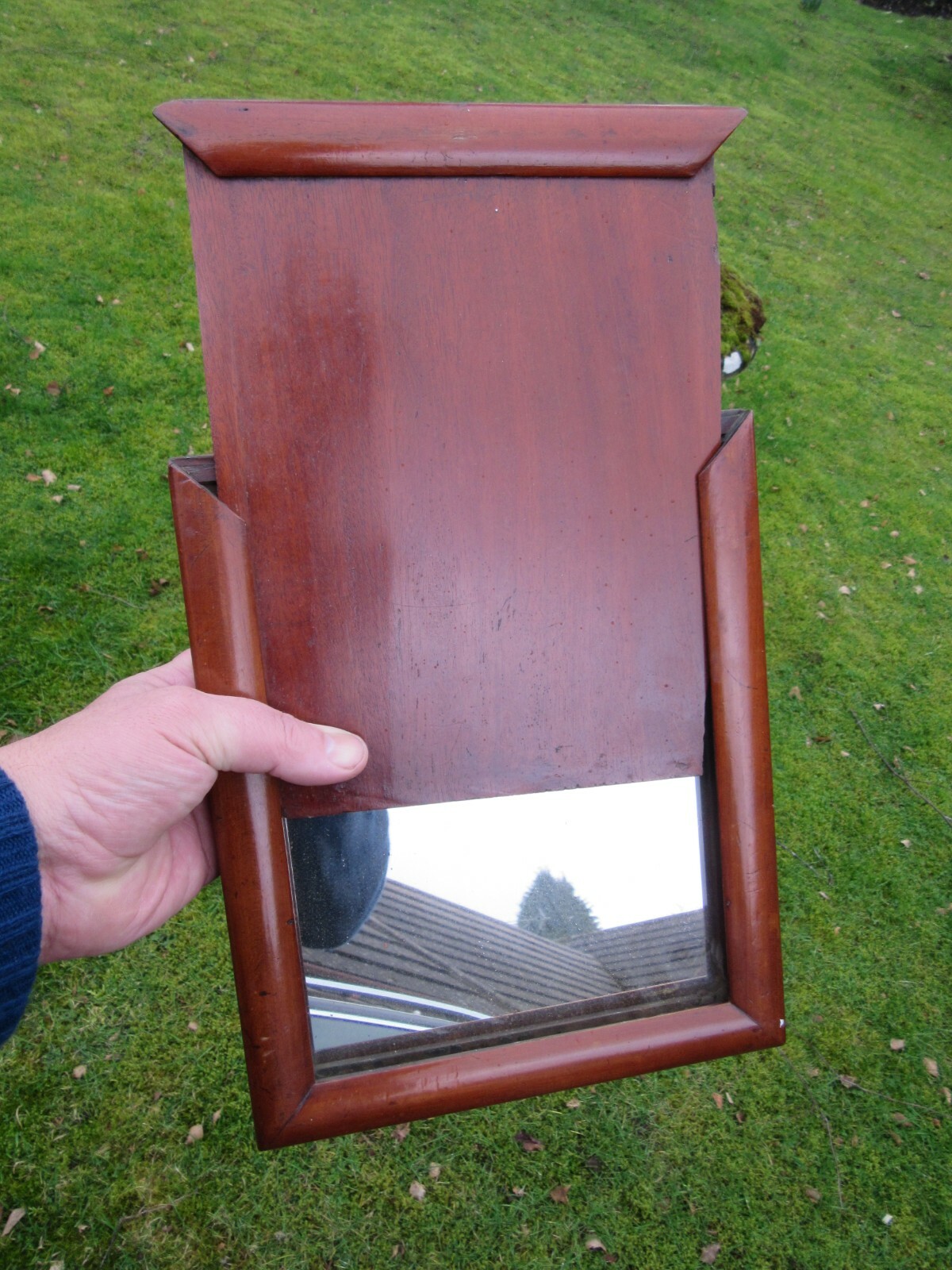 Victorian Mahogany Campaign Mirror 12″ x 9 1/4″ GG Pratt to reverse in ink VGC