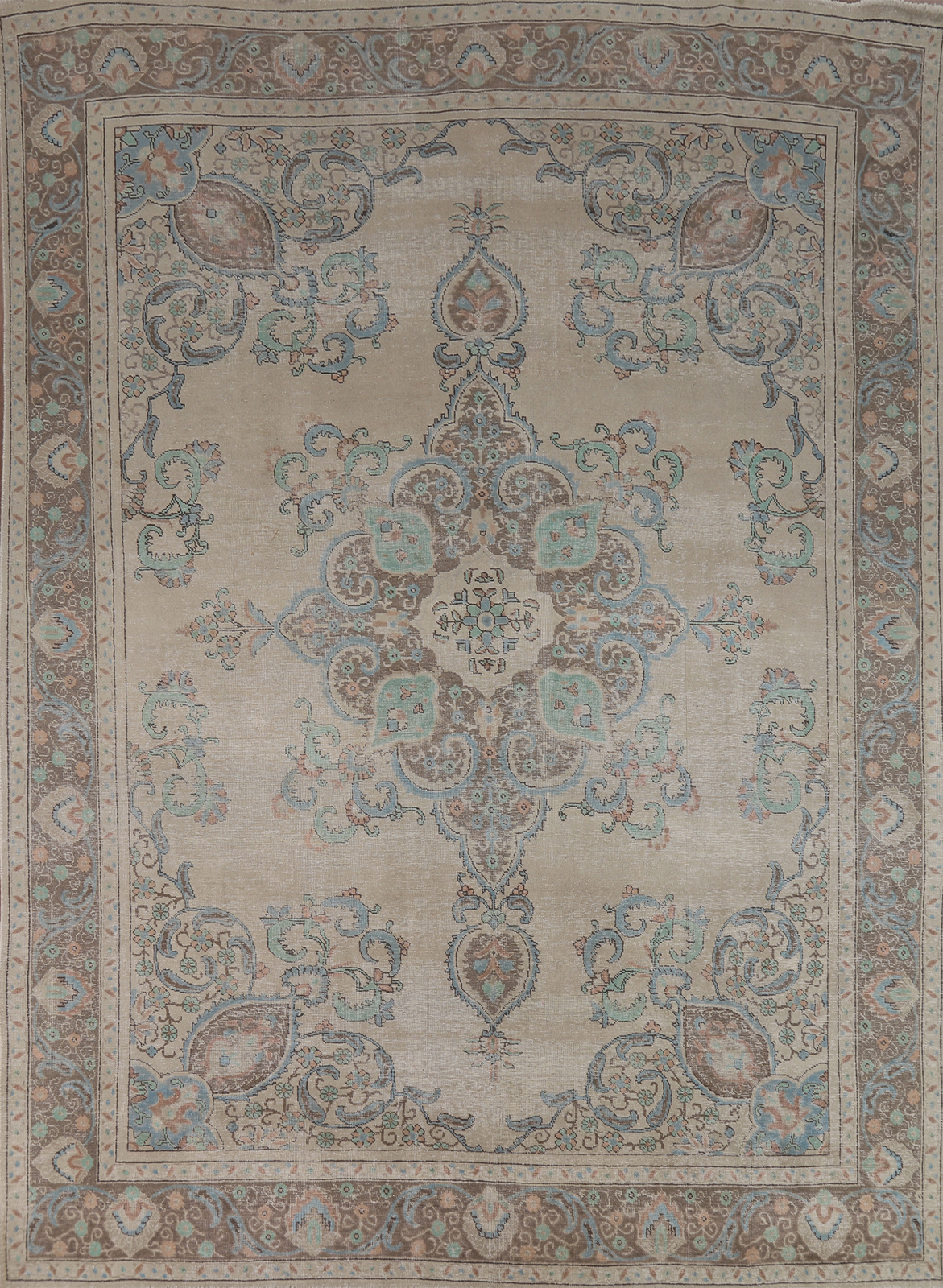 Vintage Beige/ Brown Wool Tebriz Area Rug 9×11 Hand-knotted Living Room Rug