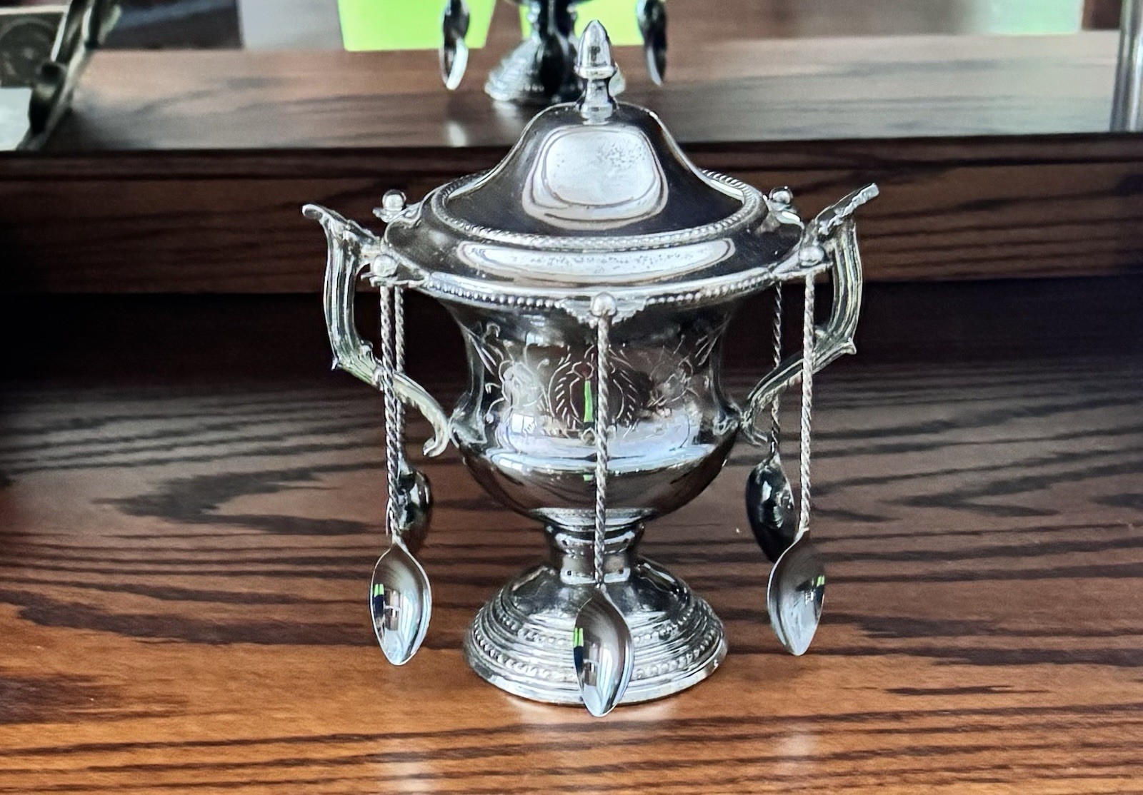 Antique Silverplate Spooner Sugar Bowl w Lid With 6 Hanging Demitasse Spoons
