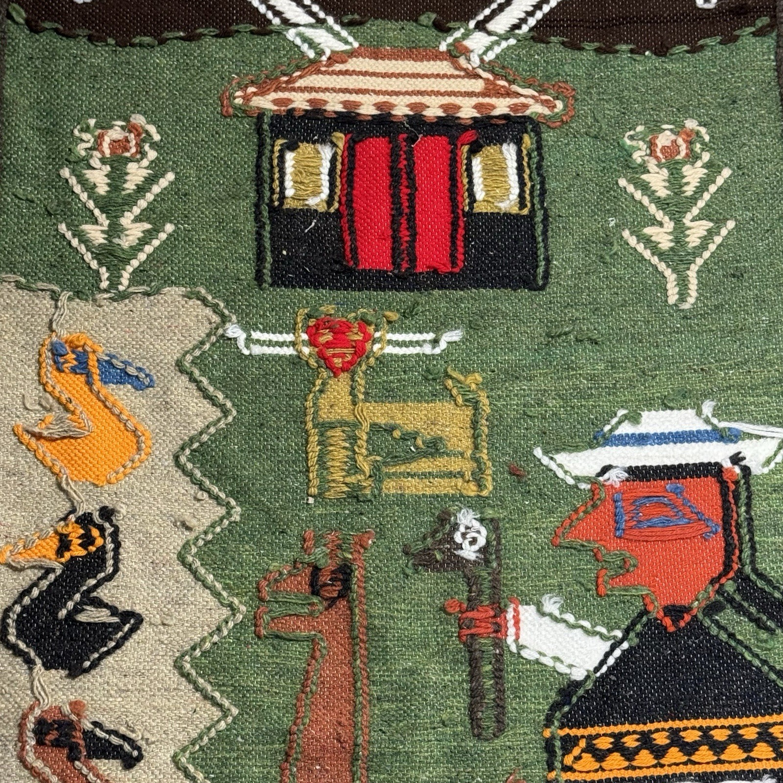 Vintage Native Peruvian Andes Condor Farm Woven Hand Knit Wall Tapestry Rug