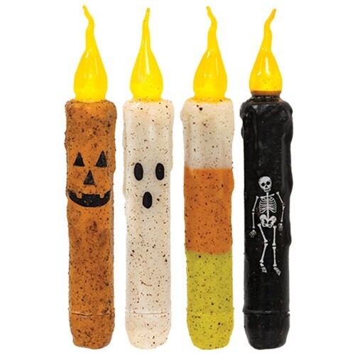 NEW PRIMITIVE HALLOWEEN TIMER Taper Candles 4pc 6 3/4″ Ghost Jack Candy Corn Ske
