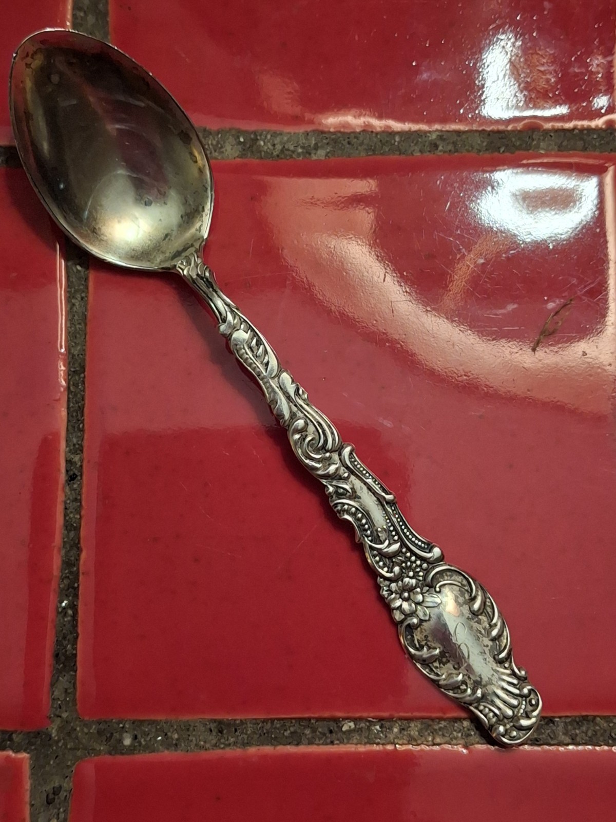 Sterling Silver Demitasse 4 1/8 in. Unknown Ornate Pattern For Maryland St Spoon
