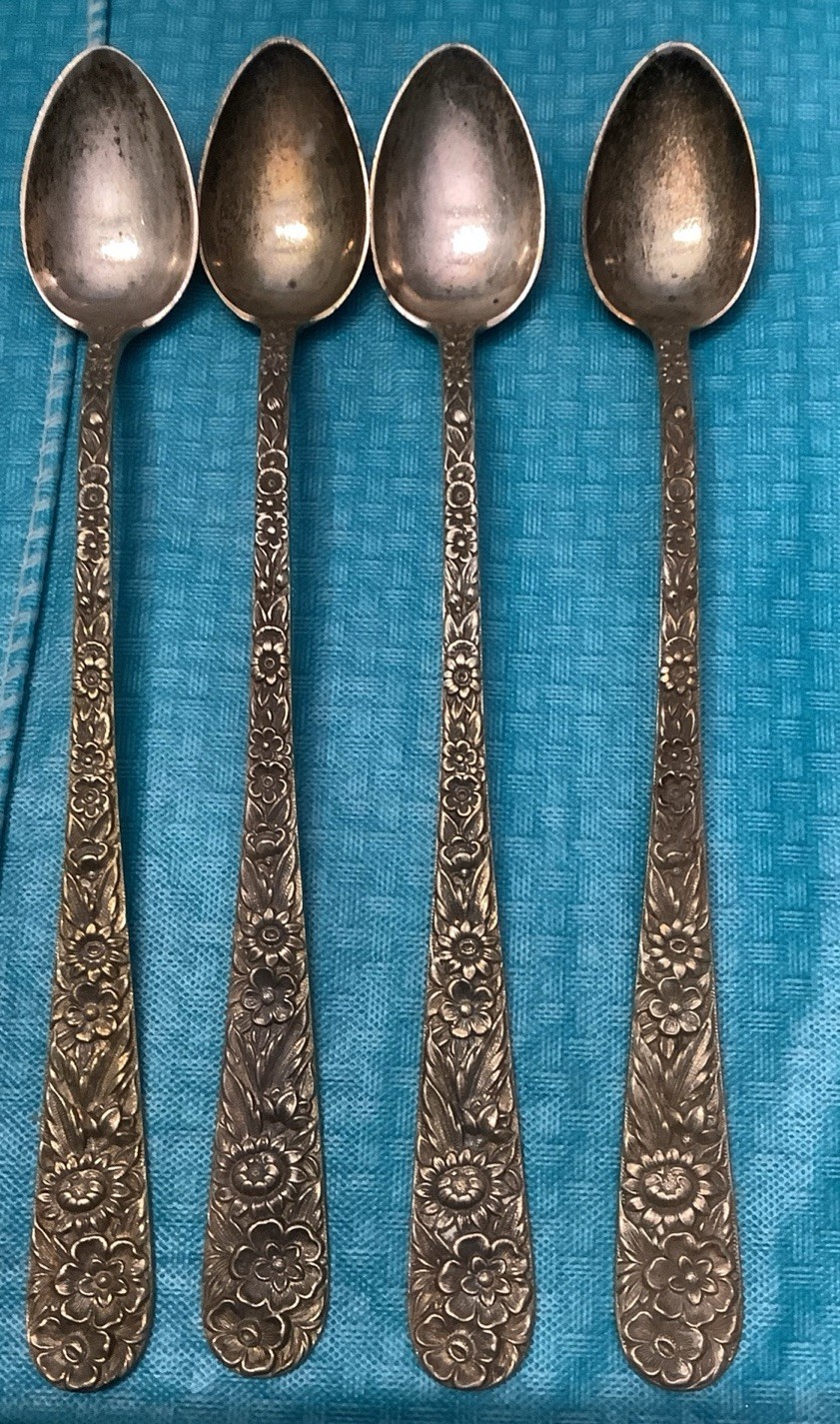 S. Kirk&Son Repousse Sterling Silver Iced Tea Spoons Set of 4 7.5” 150g No Mono