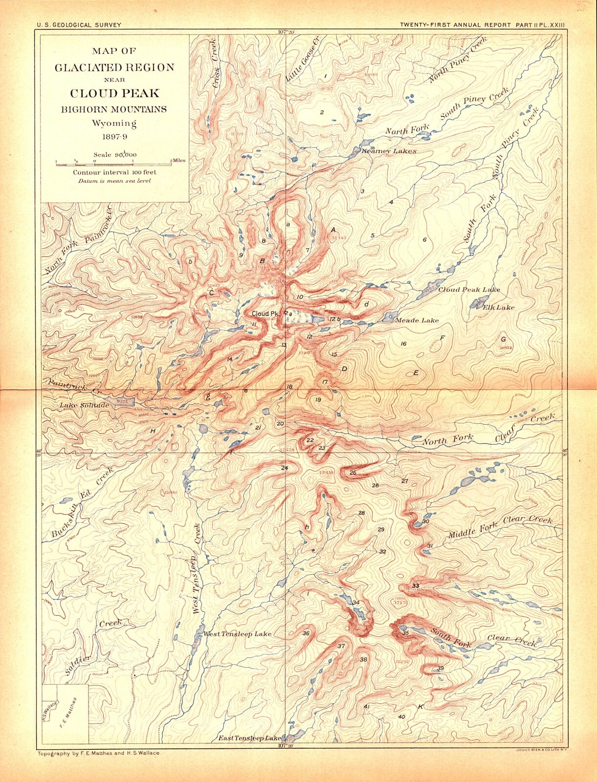 Cloud Peak Wyoming Glaciated 1899 Antique Map Bighorn Mountains Topographic