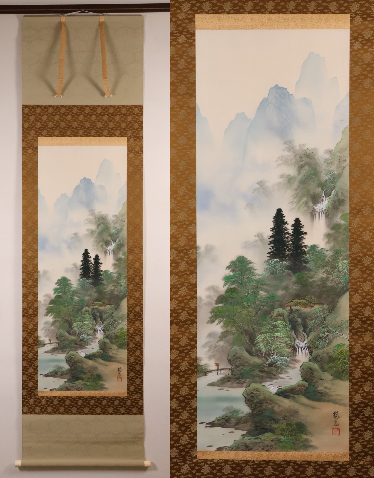 Japanese Hanging Scroll Hand Painted ‘Blue&Green Landscape’ KAKEJIKU By Baiseki