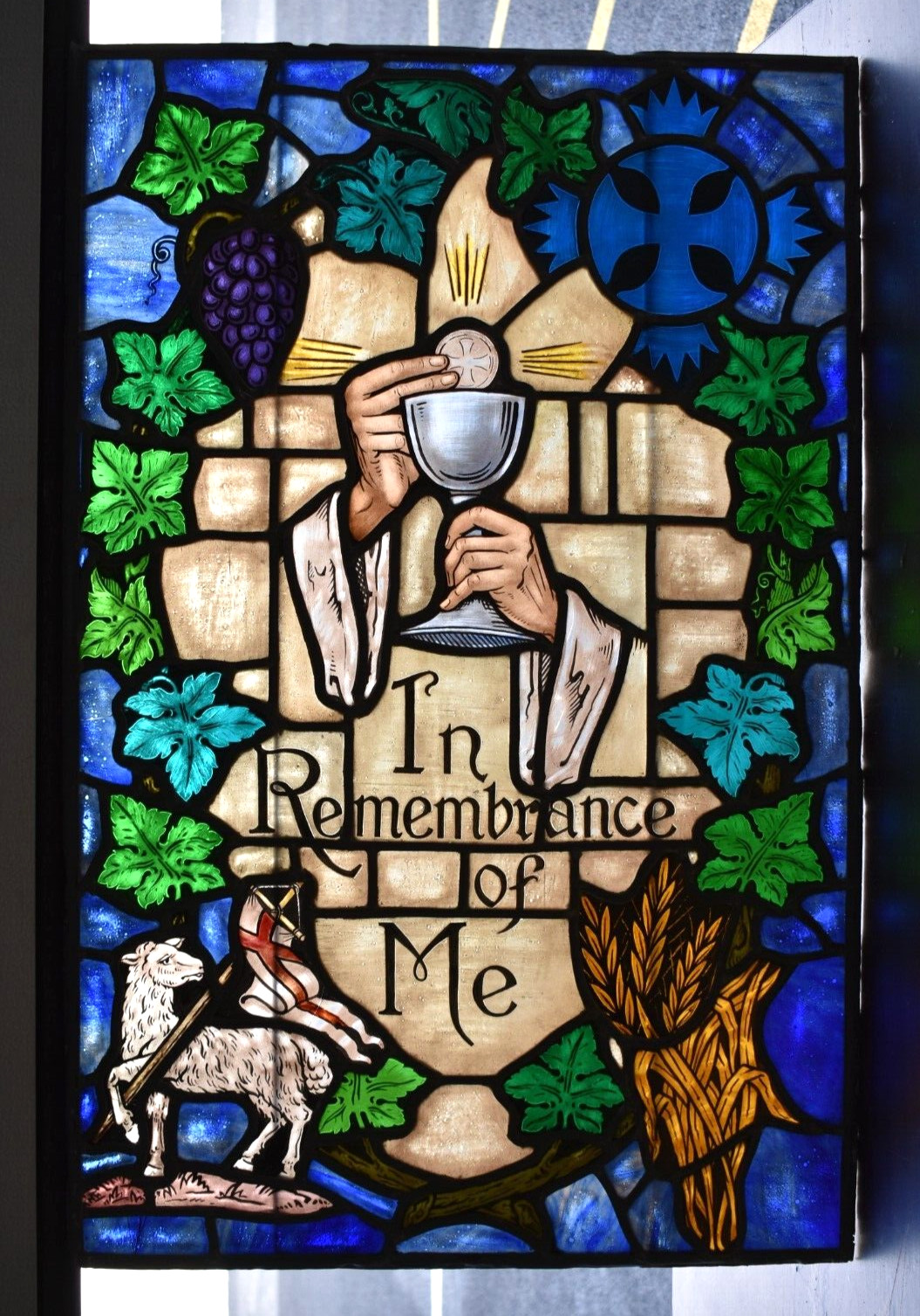 Stained Glass Church Window, In Remembrance of Me, 36 1/2″ x 23 5/8″ w. (FPR33)