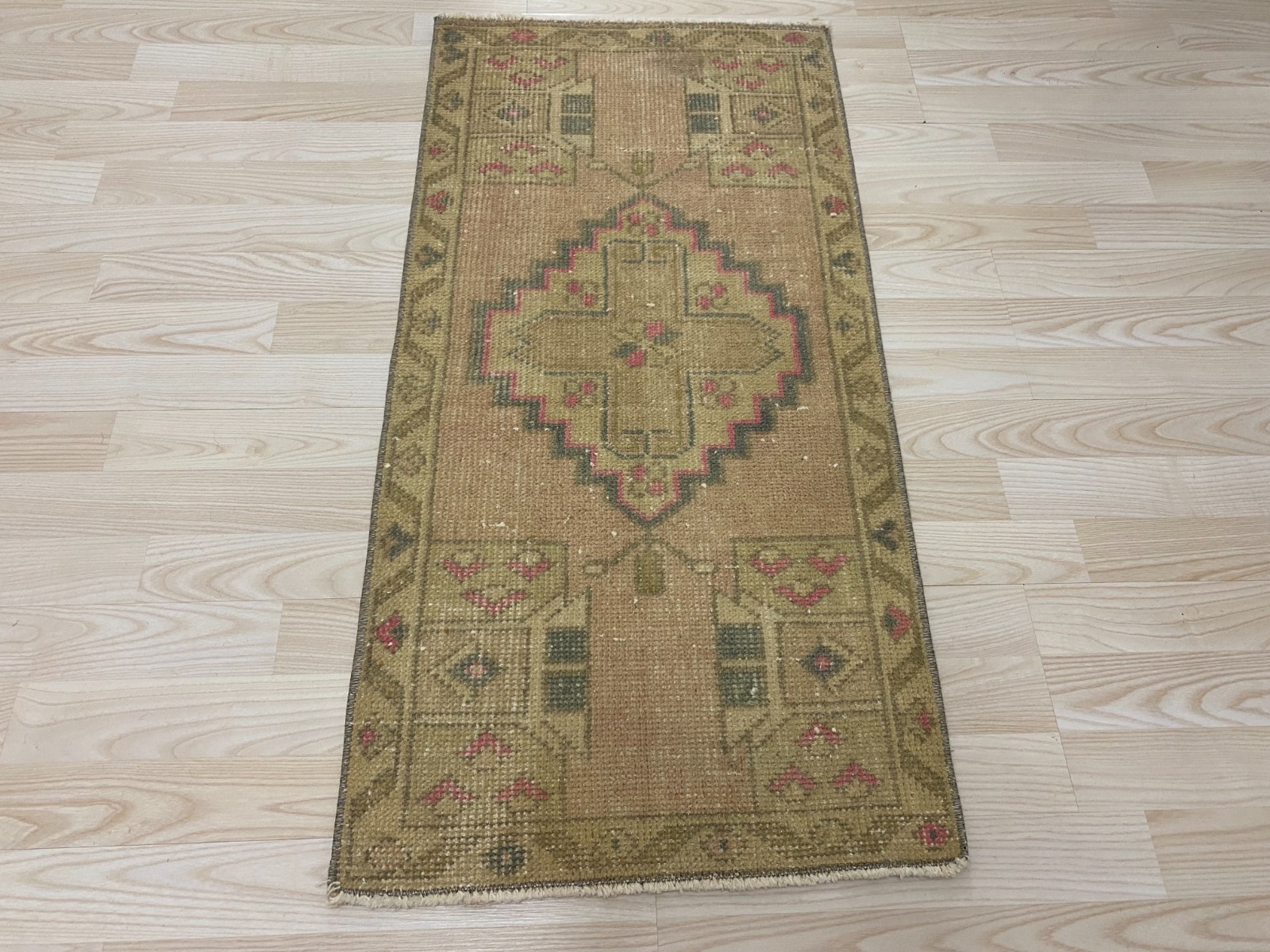 Vintage Turkish Faded Olive Small Rug 1.6×3.2 ft Wool Tribal Boho Decor Carpet