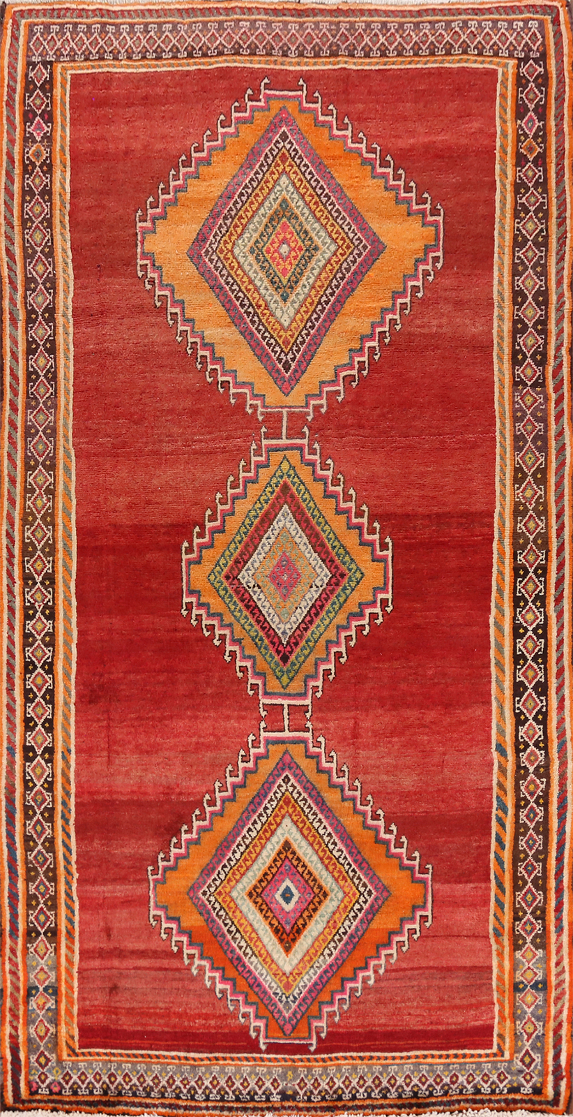 Vintage Red Geometric Wool Rug 4×8 ft Handmade Wool Carpet