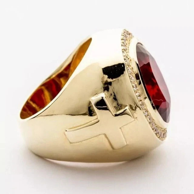 4Ct Oval Cut Lab Created Red Ruby Men’s Cross Bishop Ring 14K Yellow Gold Plated