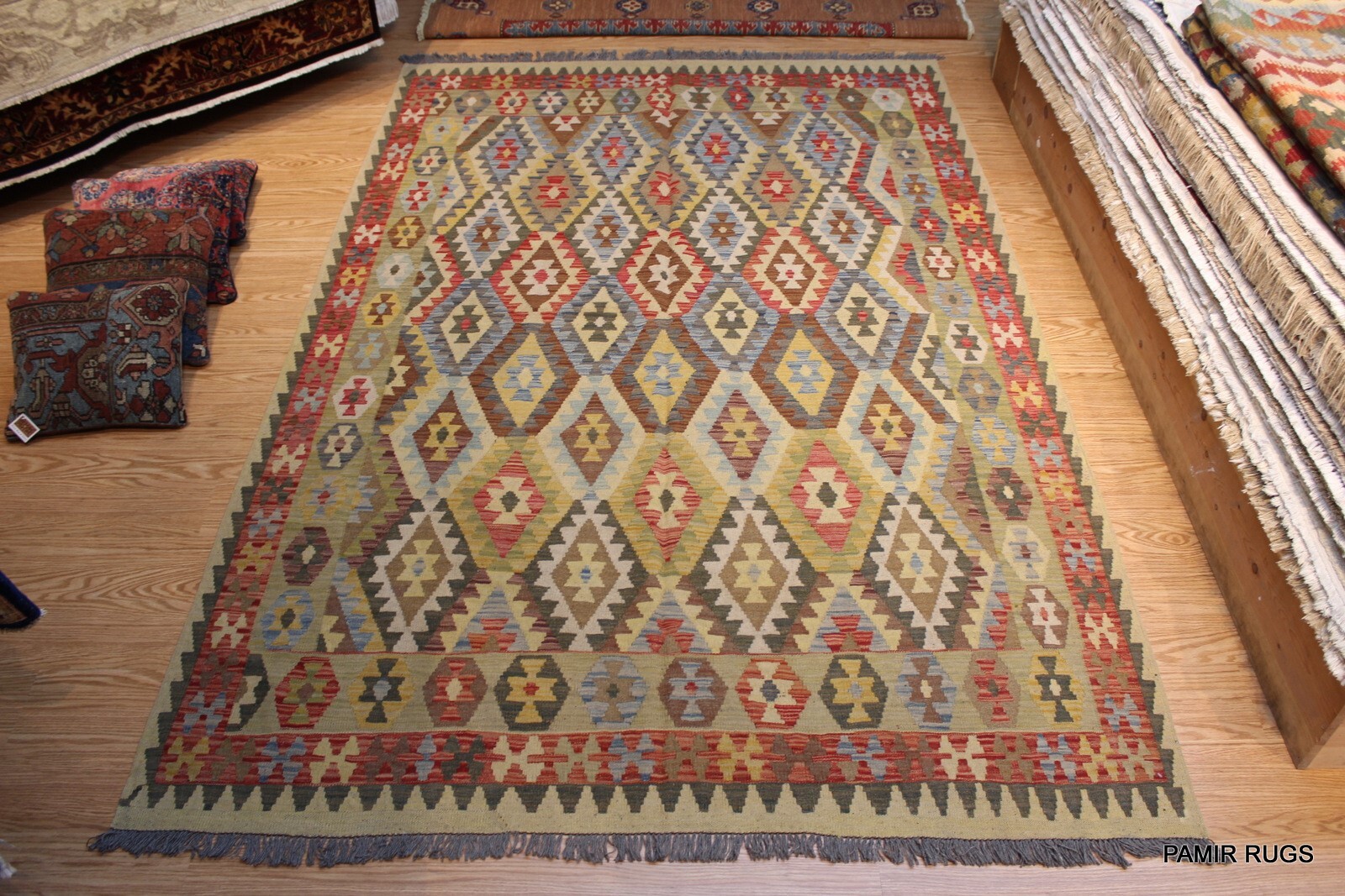 _HAND-MADE_Southwestern style flat woven Kilim Wool Rug 10’X7′ Rust & Brown Pm75