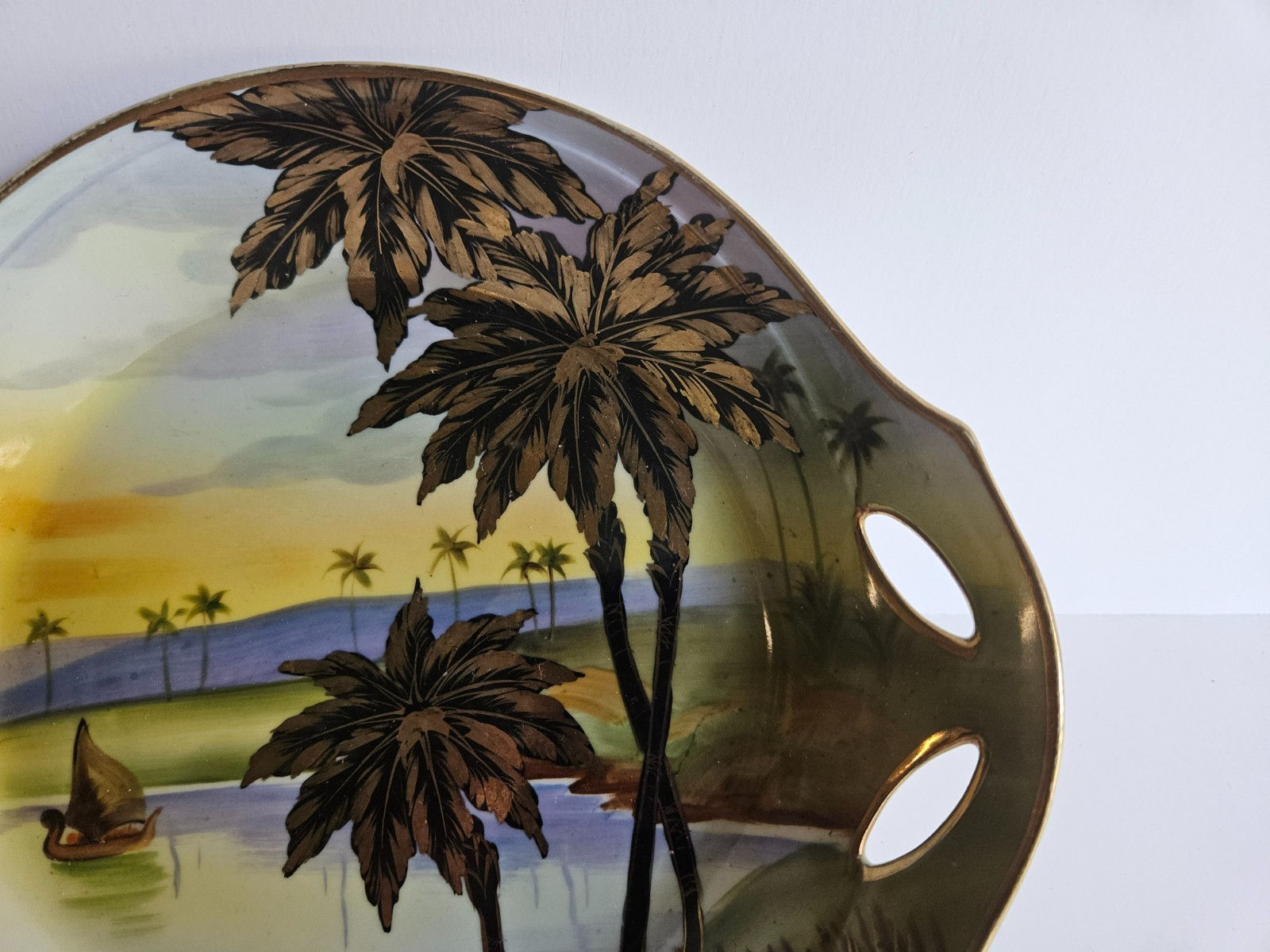 Antique Nippon Morimura Hand Painted Waterscape Gold Palm Trees Bowl 7 1/2 “