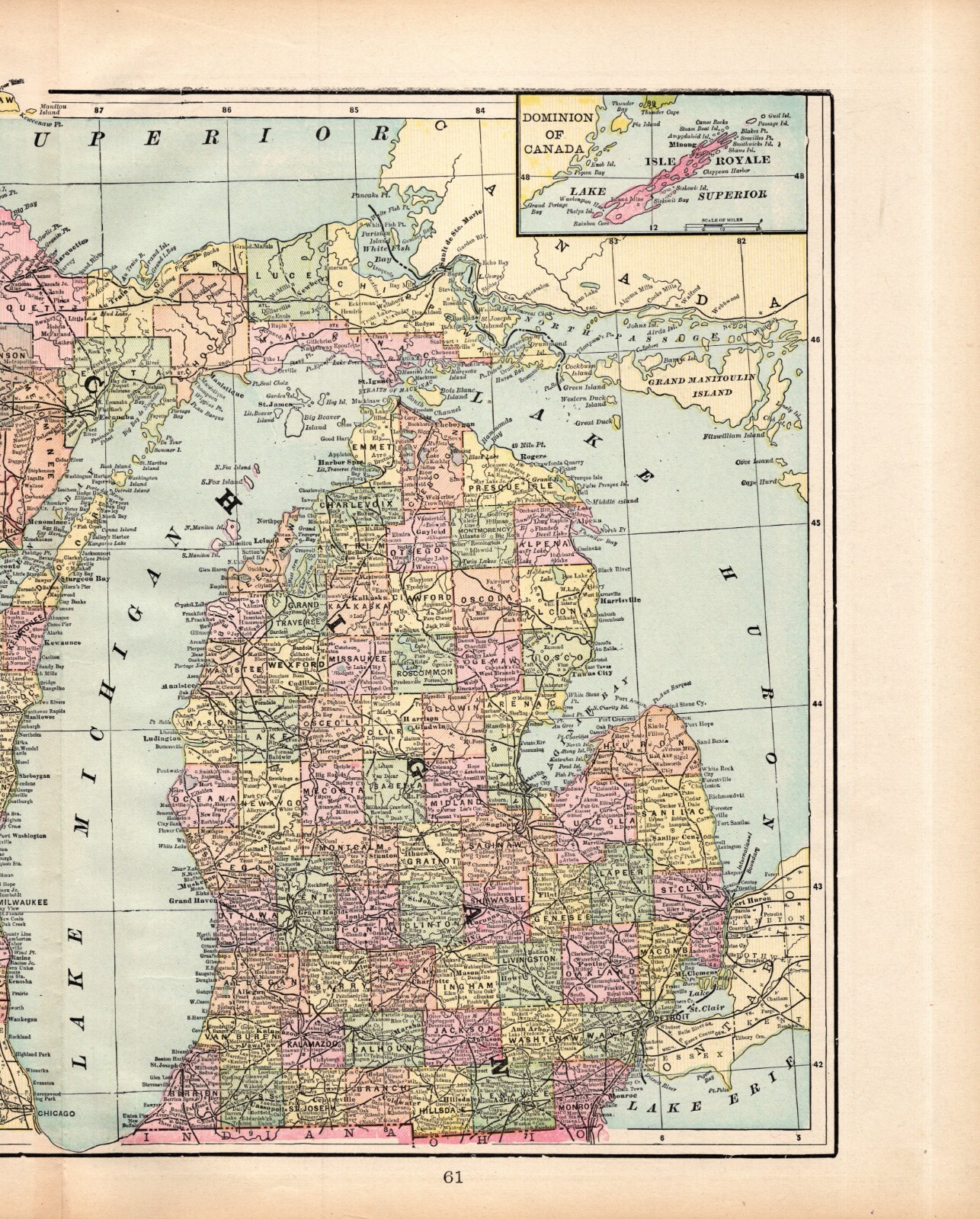 1897 Antique Michigan Wisconsin State Map Cram Atlas Map Wisconsin Michigan 1500